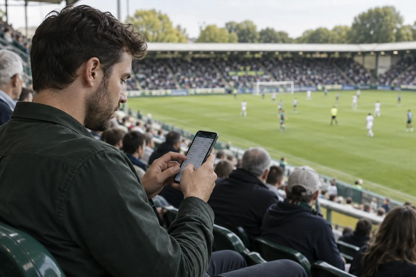 Sports reporter in the stands recording match data on a smartphone